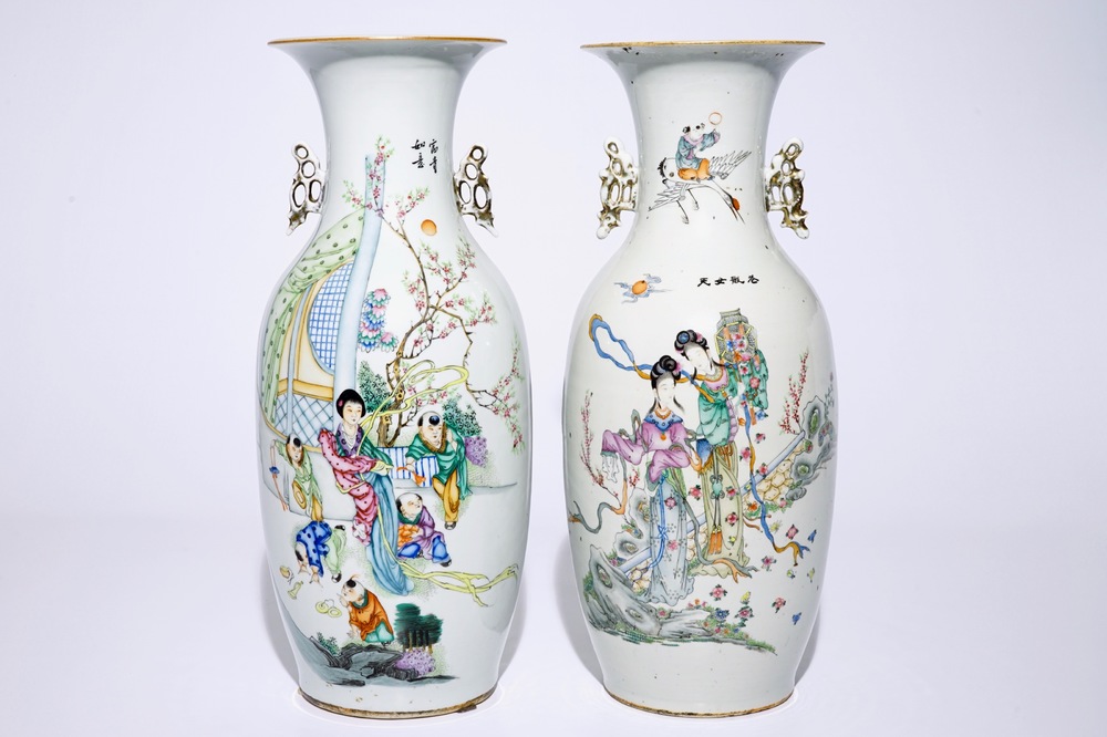 Two tall Chinese famille rose vases with calligraphy, 19/20th C.