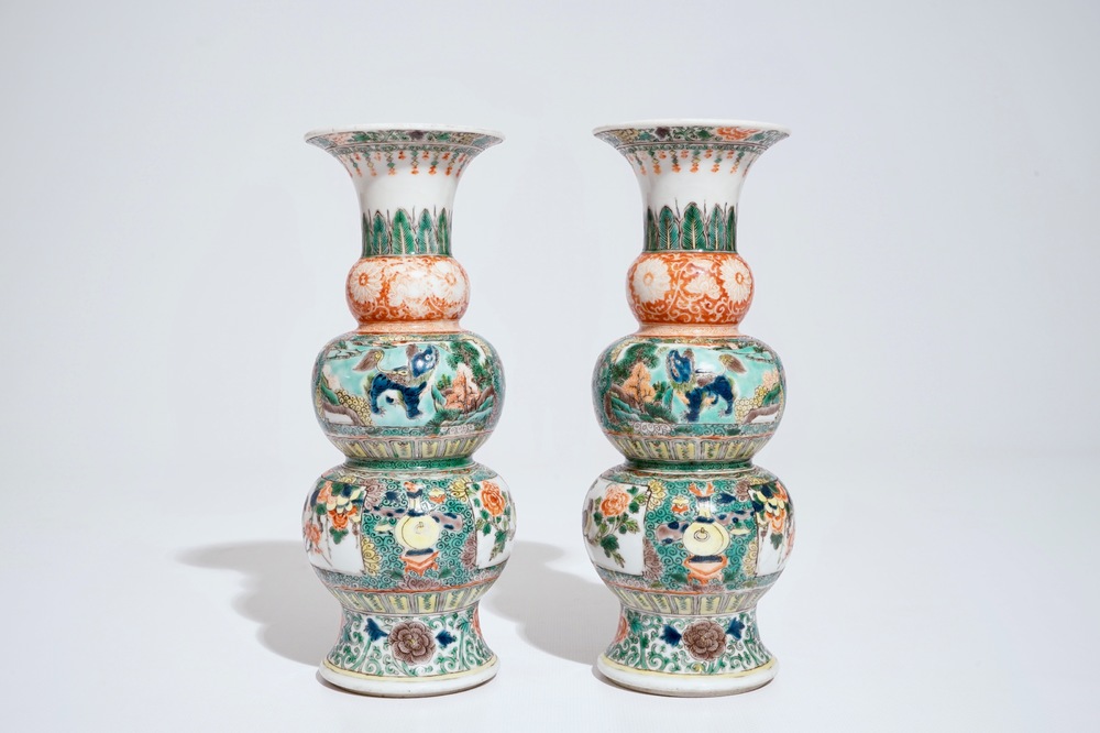 A pair of Chinese famille verte triple gourd vases, 19th C.