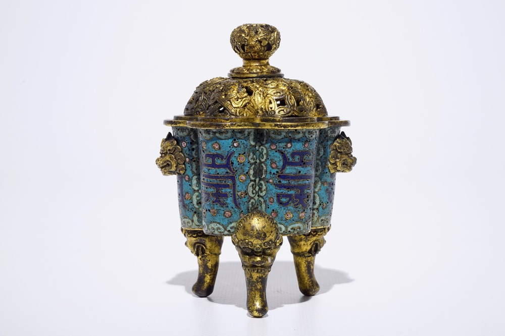 A Chinese cloisonn&eacute; and gilt bronze incense burner, Qianlong mark, 18/19th C.