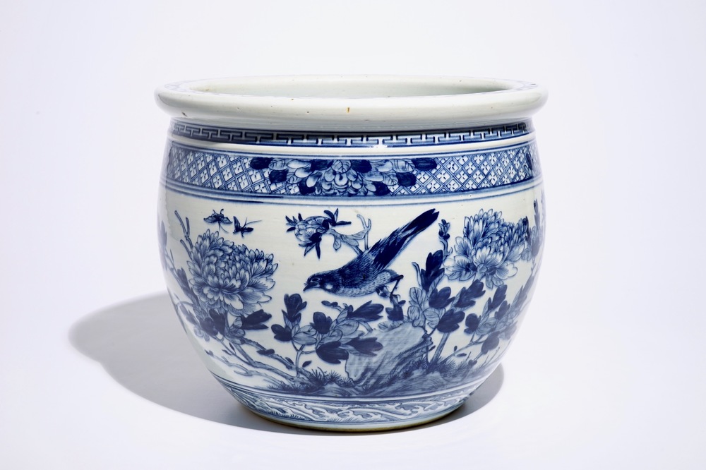 A blue and white Chinese fishbowl with birds among flowers, 19th C.