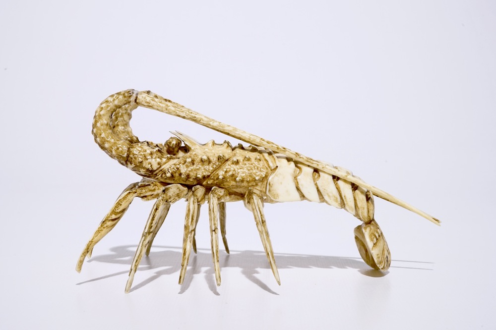 A Japanese ivory okimono of a lobster, Meiji, 19th C.