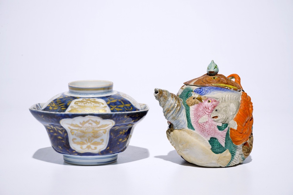A Japanese Arita gilt blue and white covered bowl, Edo, 17/18th C. and a Banko biscuit teapot, Meiji, 19th C.