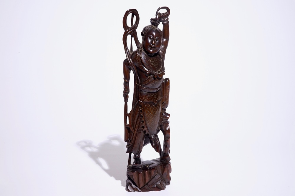 A large Chinese carved and inlaid wood figure, 19/20th C.