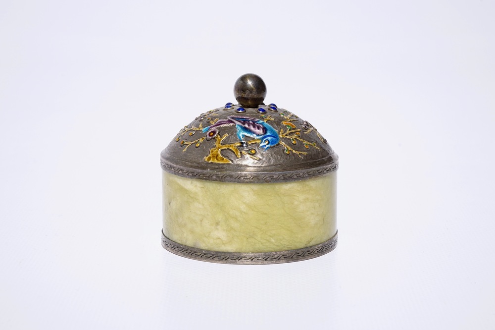 A Chinese enameled silver and jade cylindrical box, ca. 1900