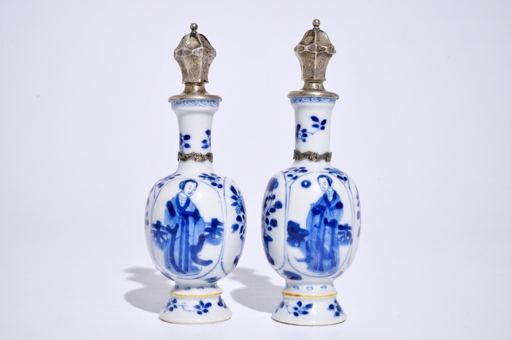 A pair of Chinese blue and white silver-mounted vases with long Eliza, Kangxi