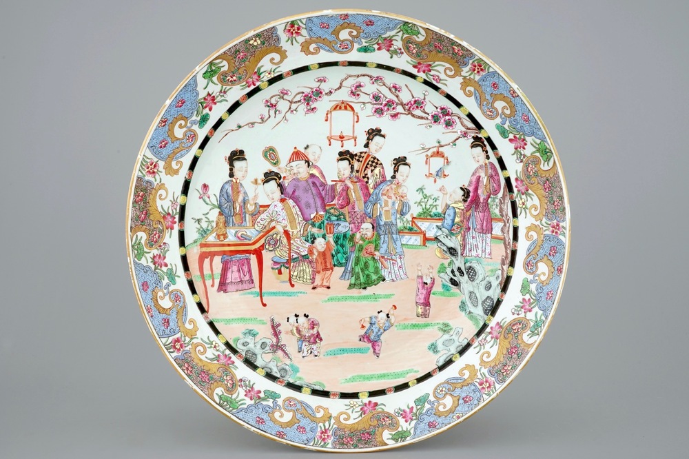 A massive famille rose charger with figures in a garden, Samson, Paris, 19th C.