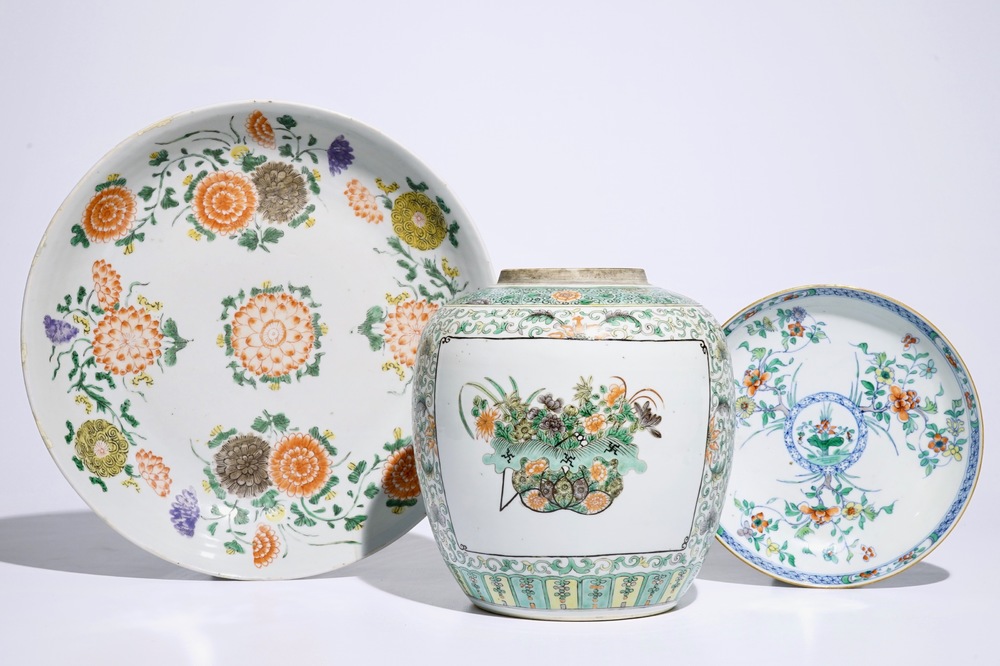 A Chinese famille verte dish and a doucai plate, Kangxi, and a ginger jar, 19th C.