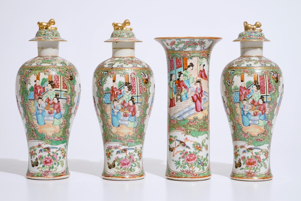 A four-piece Chinese Canton rose medallion garniture of vases, 19th C.
