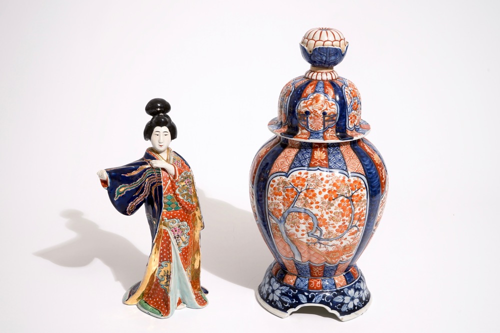 A Japanese Imari vase on stand and a Kutani model of a bijin, Meiji, 19th C.