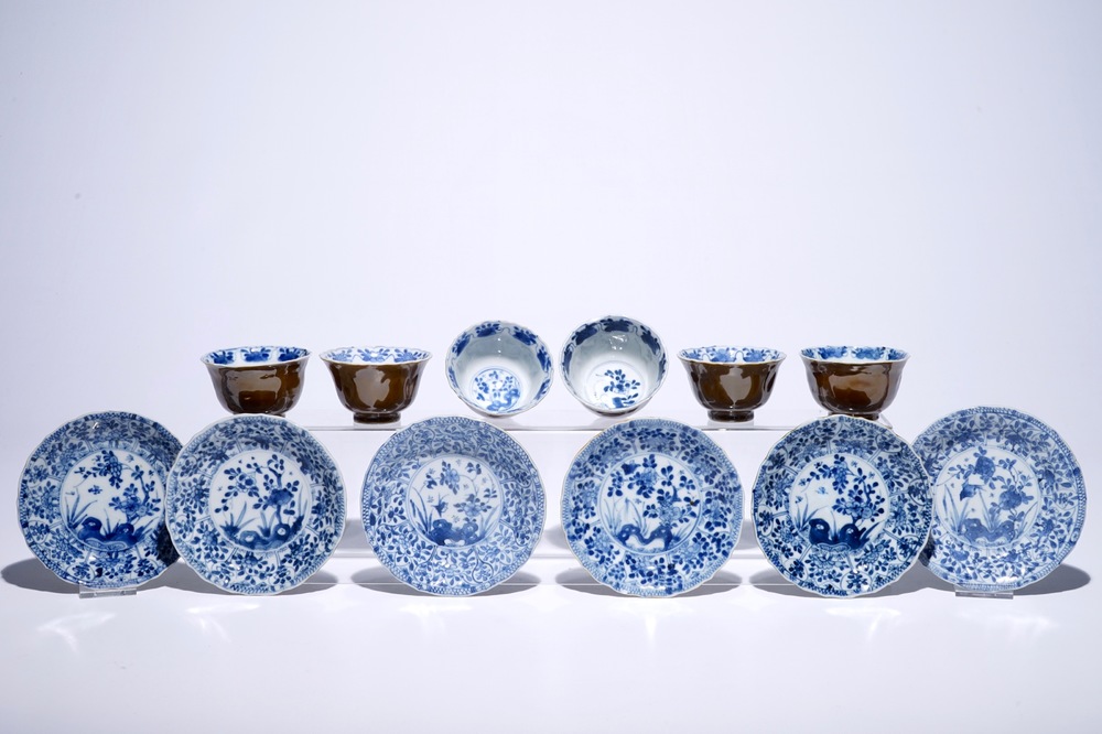 Six Chinese blue and white on capucin brown ground cups and saucers, Kangxi