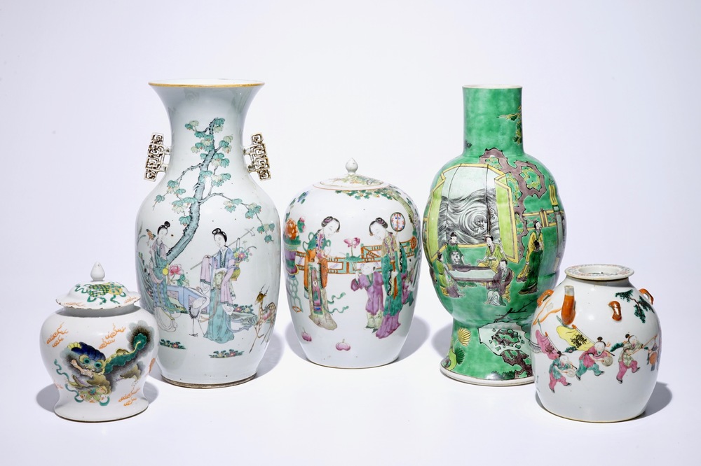Five Chinese famille rose and verte vases, 19/20th C.