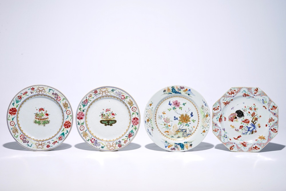 A pair and two individual Chinese famille rose plates, Yongzheng/Qianlong