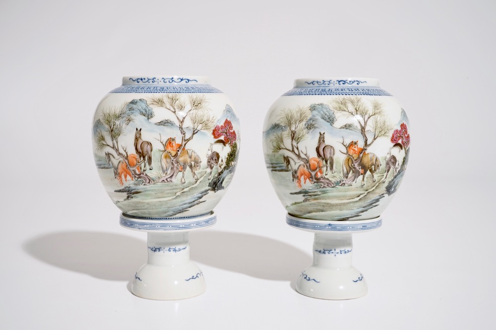 A pair of Chinese famille rose eggshell lanterns on stands, Republic, 20th C.