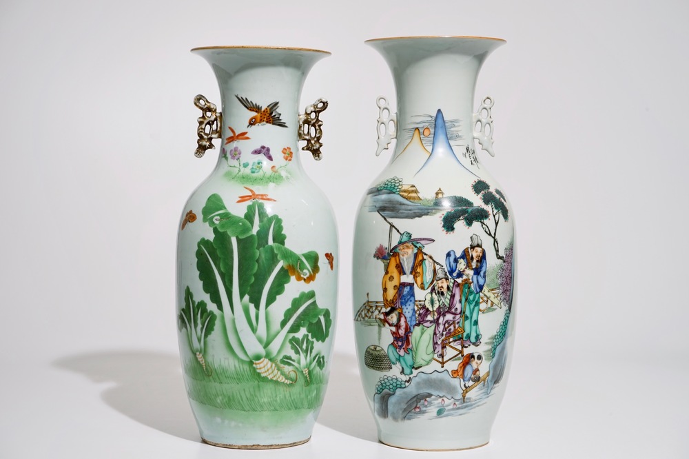 Two Chinese famille rose vases with calligraphy, 19/20th C.