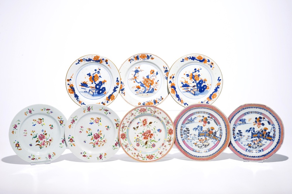 Eight Chinese famille rose and Imari-style plates, Qianlong