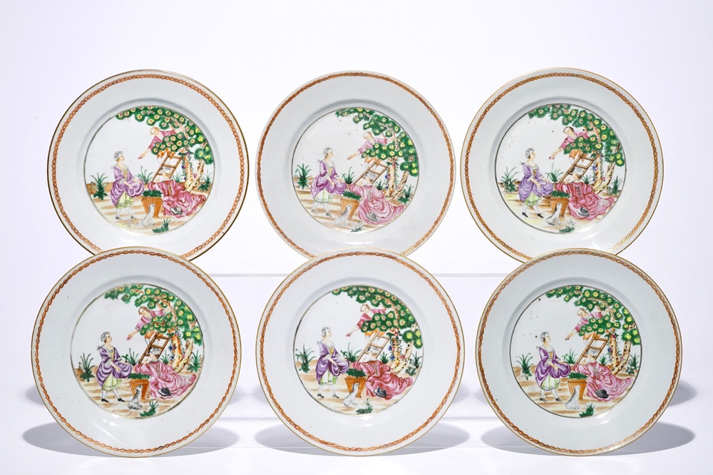 Six Chinese famille rose cherrypickers plates, Qianlong