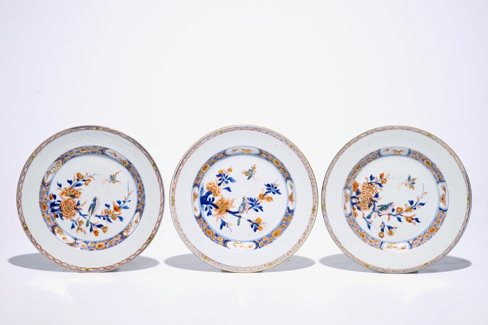 Three Chinese underglaze-decorated rose-imari plates with birds among blossoms, Yongzheng/Qianlong