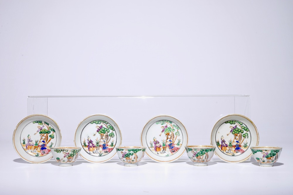 Four sets of Chinese famille rose cherrypickers cups and saucers, Qianlong