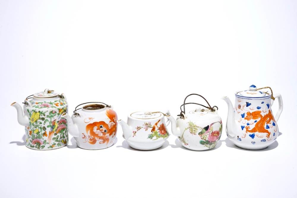 Five Chinese famille rose, iron red and qianjiang cai teapots, 19/20th C.
