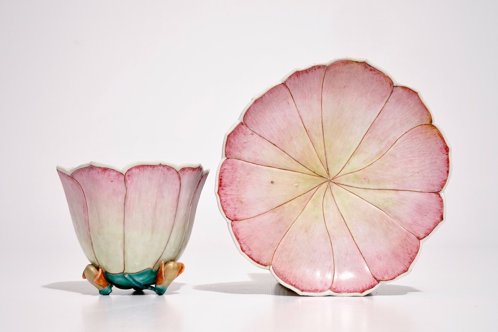 A large Chinese famille rose lotus-shaped cup on stand, Yongzheng