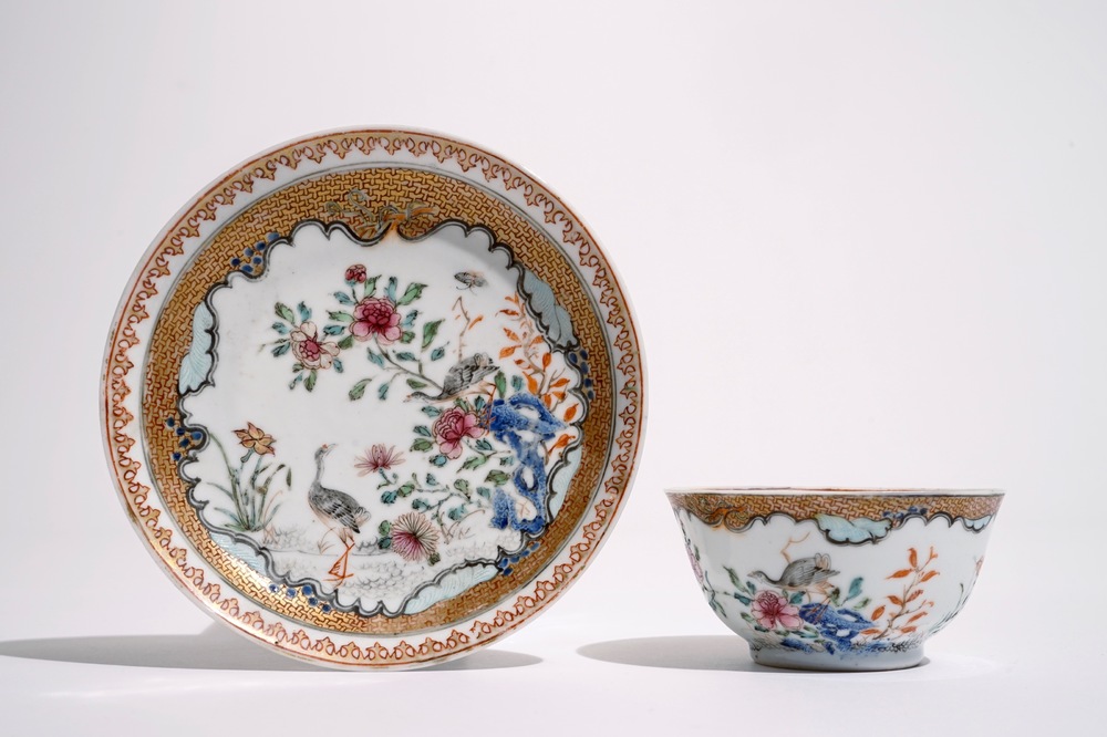 A Chinese famille rose cup and saucer with two egrets, Yongzheng
