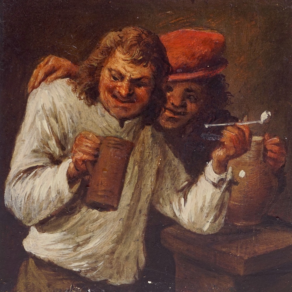 Dans le style d' Egbert Van Heemskerk II (1610-1680), "Deux buveurs avec leurs cruches en gr&egrave;s", huile sur panneau