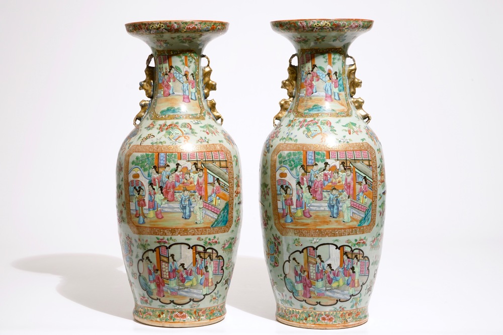 A pair of Chinese Canton famille rose on celadon ground vases, 19th C.