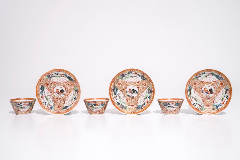 Three Chinese famille rose cups and saucers with roosters, Yongzheng