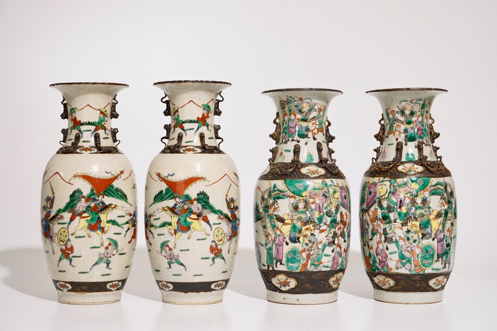 Two pairs of Chinese famille rose and verte Nanking crackle glaze vases, 19th C.