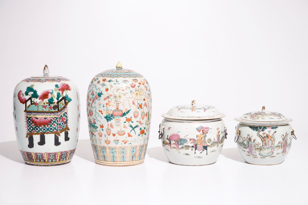 Two Chinese famille rose covered bowls and two ginger jars, 19th C.