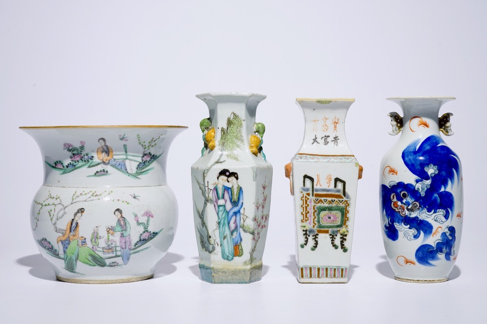 Vier Chinese famille rose en polychrome vazen, 19/20e eeuw