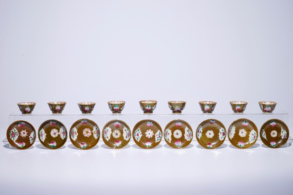 Nine Chinese famille rose on capucin brown ground cups and saucers, Qianlong