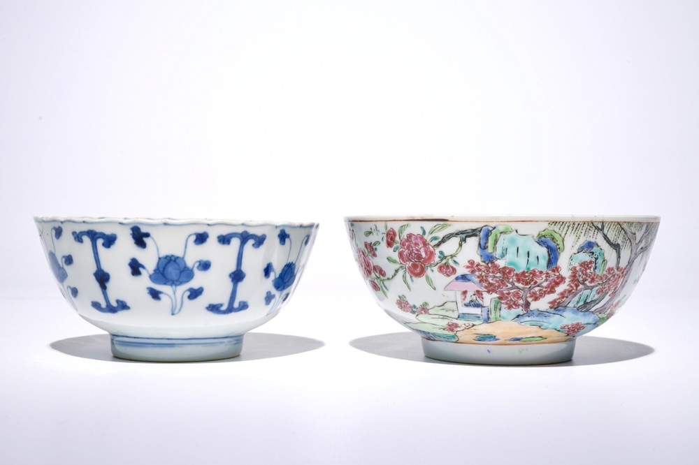 A Chinese famille rose landscape bowl, Yongzheng, and a blue and white bowl, Kangxi