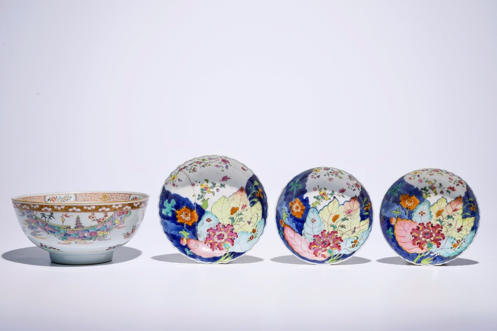 Trois coupes en porcelaine de Chine famille rose &agrave; d&eacute;cor "Feuille de Tabac" et un bol famille rose, Yongzheng/Qianlong