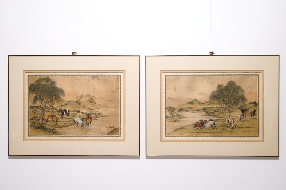 Une paire de peintures chinoises sur soie au sujet "Les huit chevaux de Mu Wang", 19/20&egrave;me