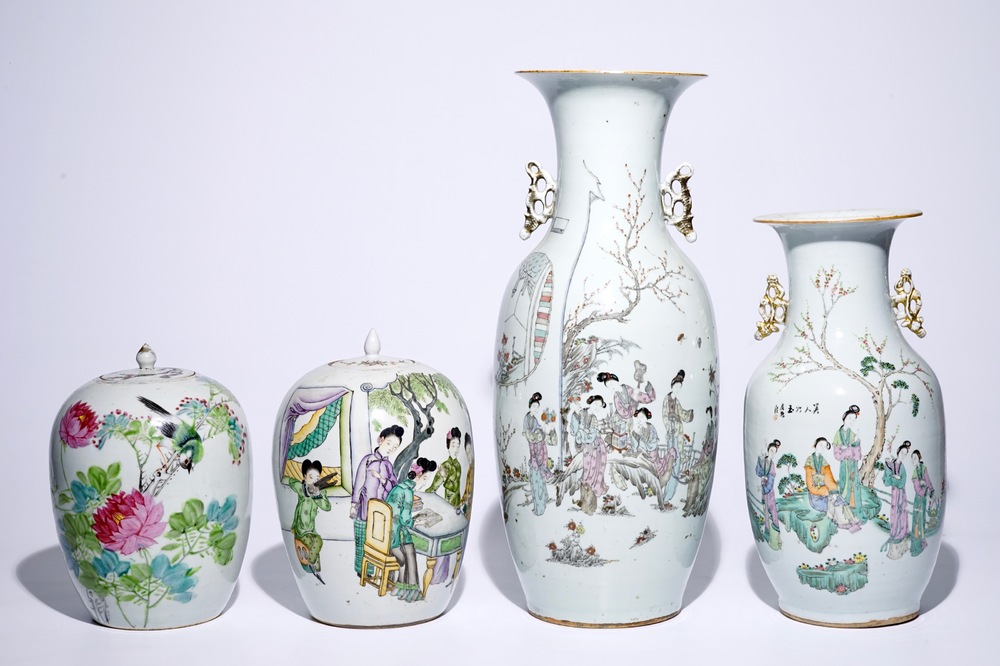 Two Chinese famille rose vases and two ginger jars, 19/20th C.
