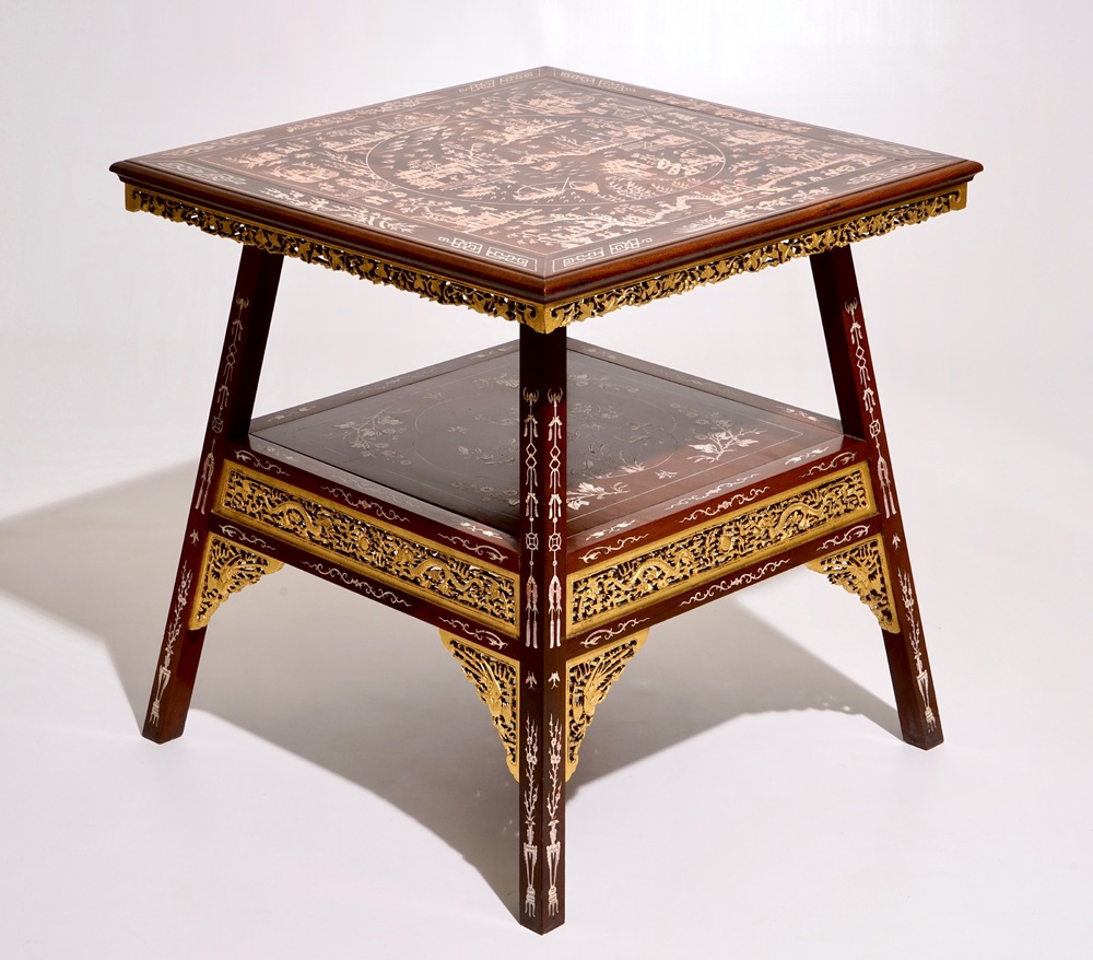 A Chinese parcel-gilt and sculpted wood table with bone inlay, 20th C.
