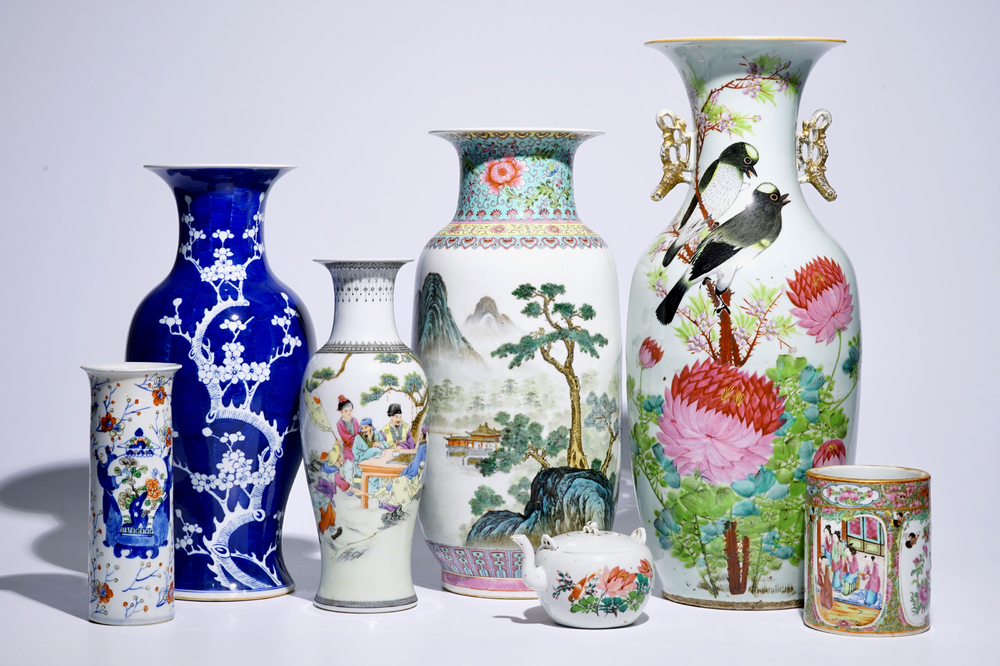 Five Chinese famille rose and blue and white vases, a teapot and a Canton rose brushpot, 19/20th