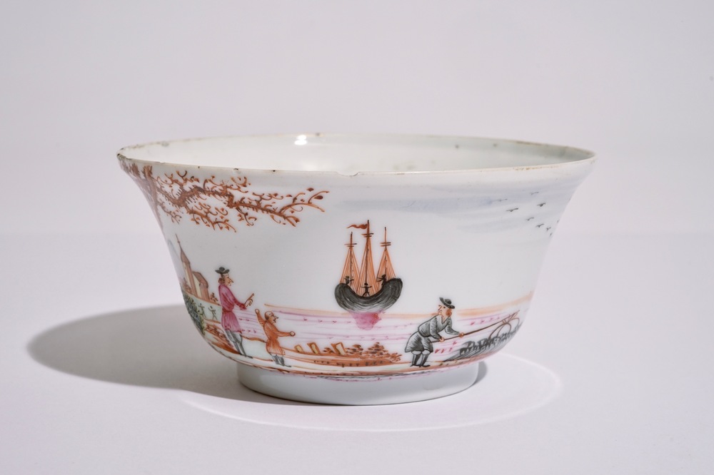 A Chinese famille rose export bowl with a harbour scene, Qianlong