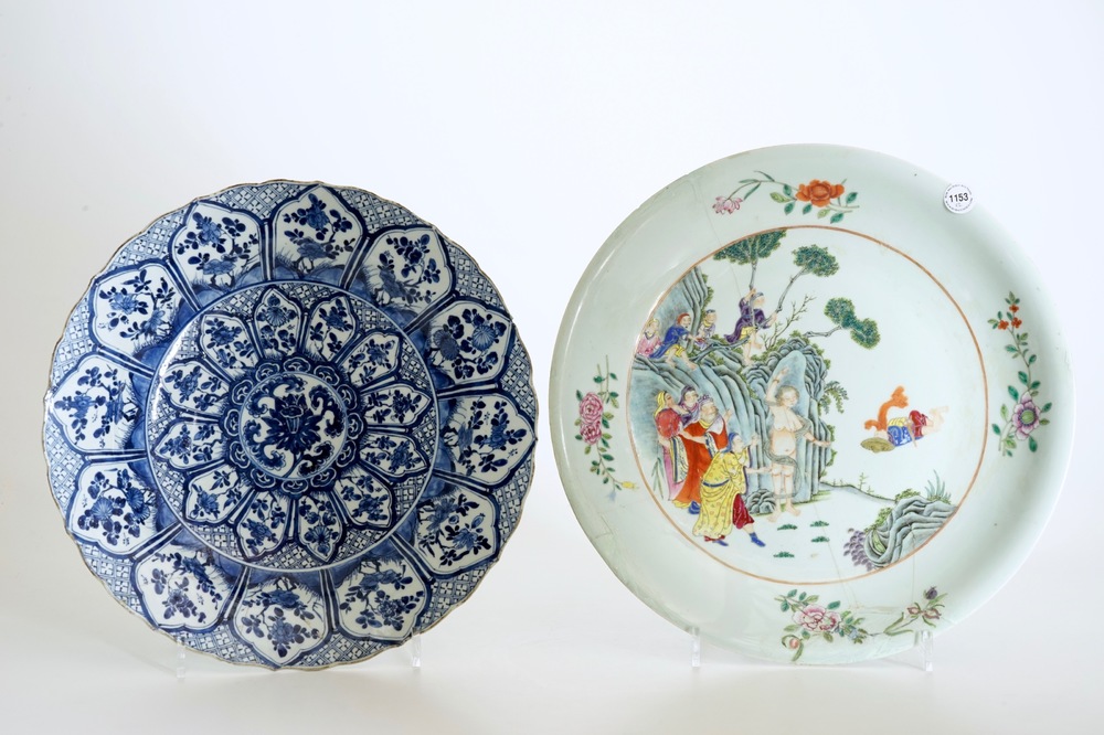 Two large Chinese blue and white and famille rose dishes, Kangxi and later