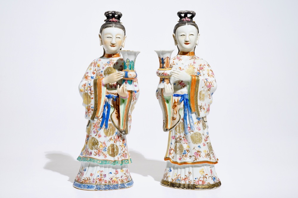 Two large Chinese famille rose candle holders modelled as court ladies, Qianlong