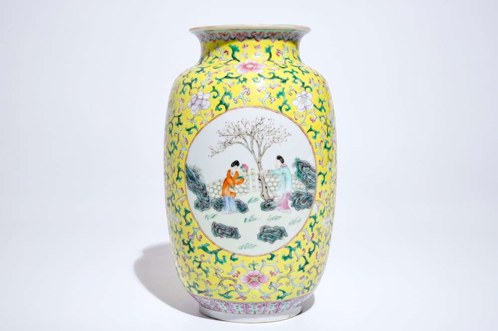 A Chinese yellow-ground famille rose vase, Qianlong mark, 19/20th C.
