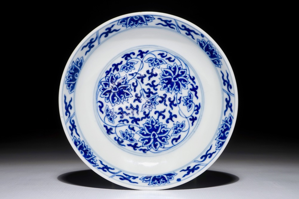 A small Chinese blue and white lotus scroll dish, Guangxu mark and of the period