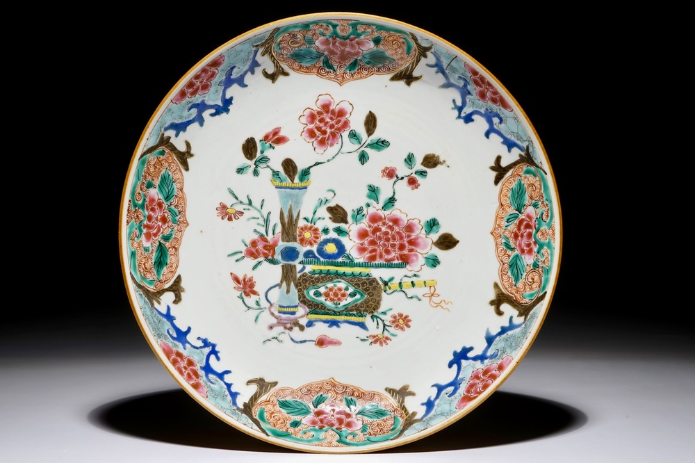 A Chinese Batavian ware famille rose floral charger, Qianlong