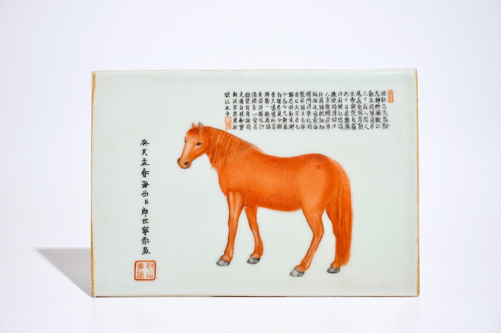 A Chinese polychrome plaque with a horse and calligraphy, Republic