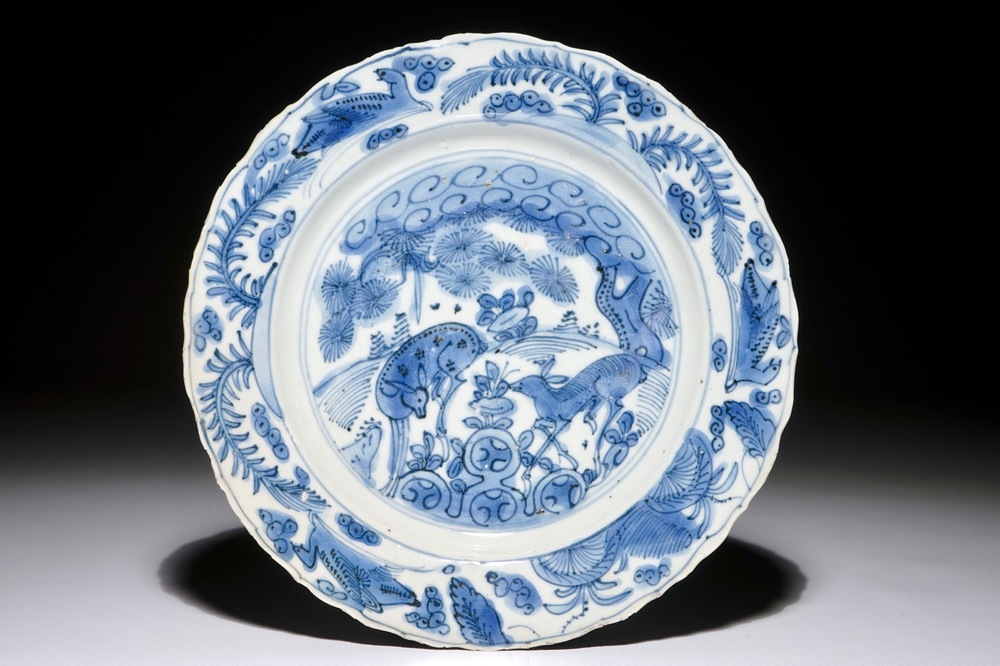 A Chinese blue and white plate with deer and ducks, Wanli