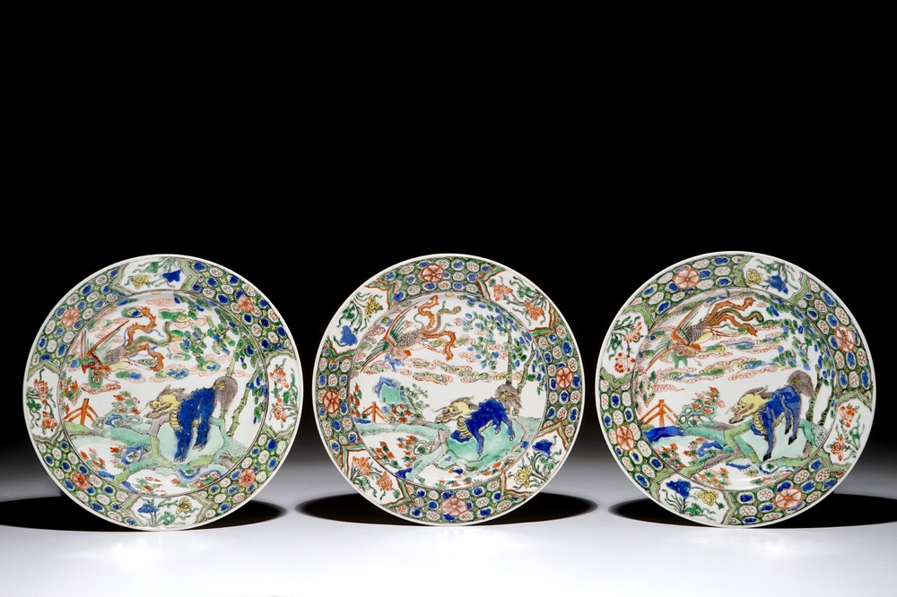 Three Chinese famille verte plates with a phoenix and a qilin, Kangxi