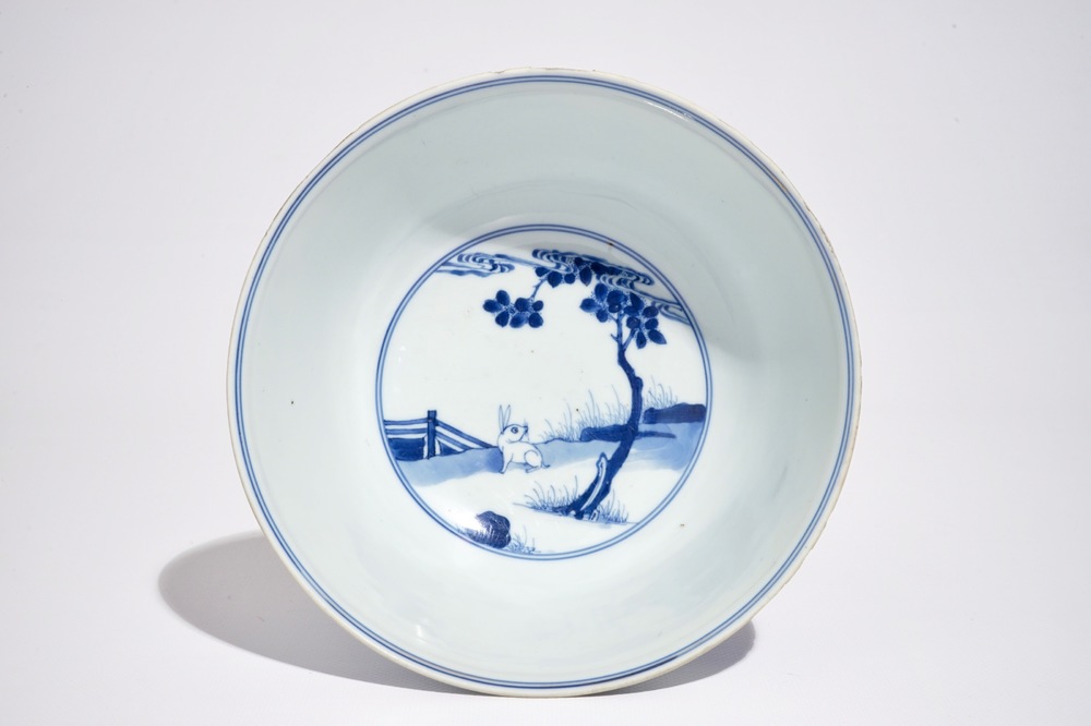 A Chinese blue and white rabbit bowl, Chenghua mark, Kangxi/Yongzheng