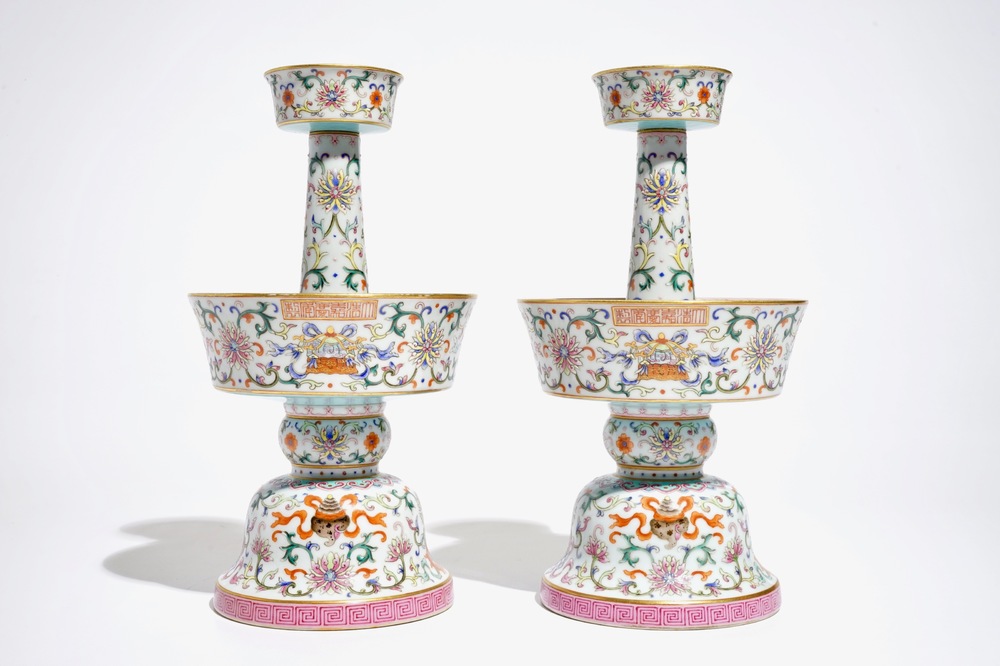 A pair of Chinese famille rose candlesticks, Jaiqing mark, 19/20th C.