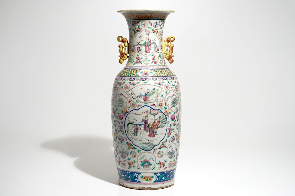 A tall Chinese famille rose vase with an elephant, 19th C.